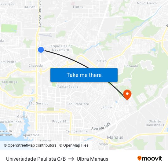 Universidade Paulista C/B to Ulbra Manaus map