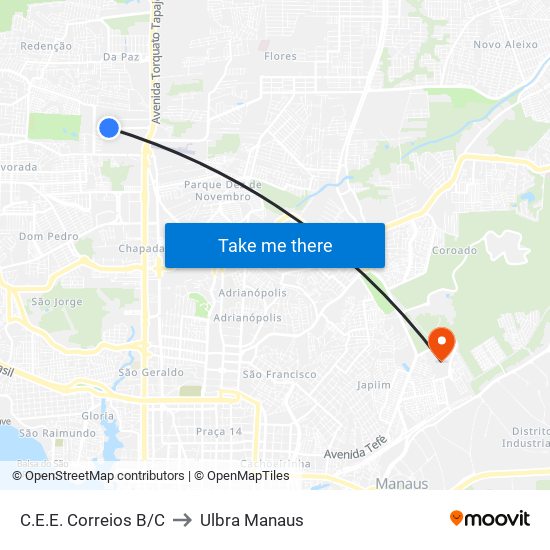 C.E.E. Correios B/C to Ulbra Manaus map