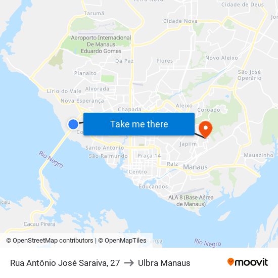 Rua Antônio José Saraiva, 27 to Ulbra Manaus map