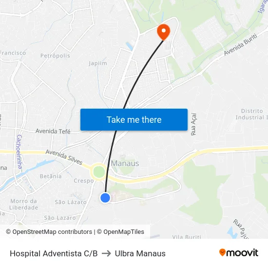 Hospital Adventista C/B to Ulbra Manaus map