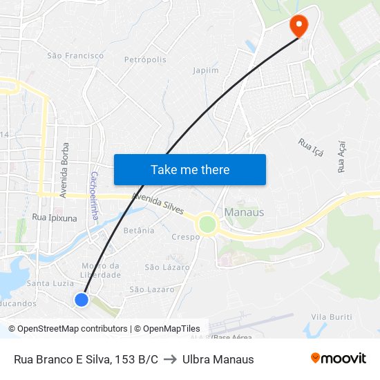 Rua Branco E Silva, 153 B/C to Ulbra Manaus map