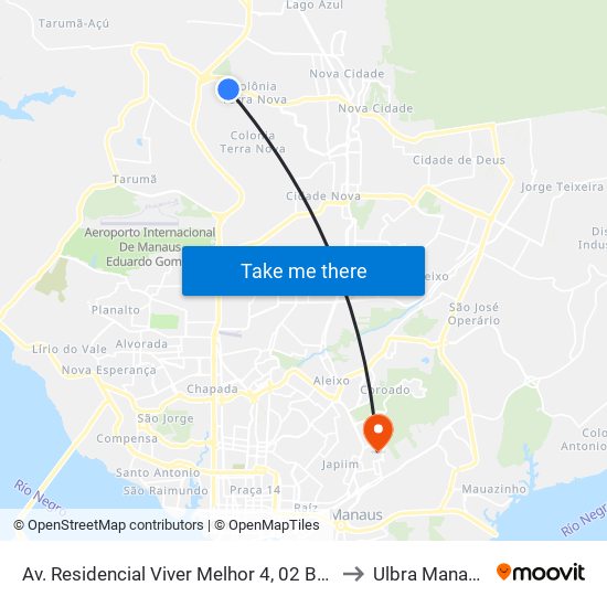 Av. Residencial Viver Melhor 4, 02 B/T to Ulbra Manaus map