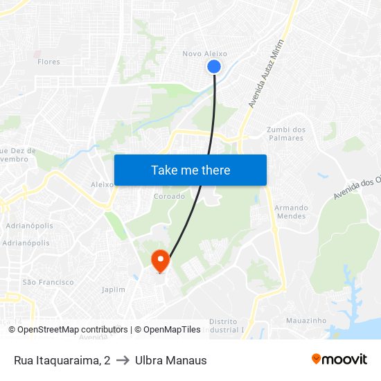 Rua Itaquaraima, 2 to Ulbra Manaus map