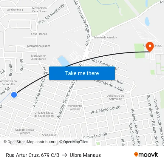 Rua Artur Cruz, 679 C/B to Ulbra Manaus map
