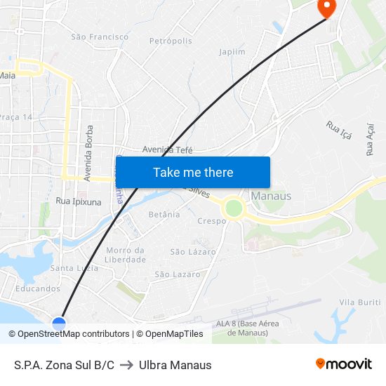 S.P.A. Zona Sul B/C to Ulbra Manaus map