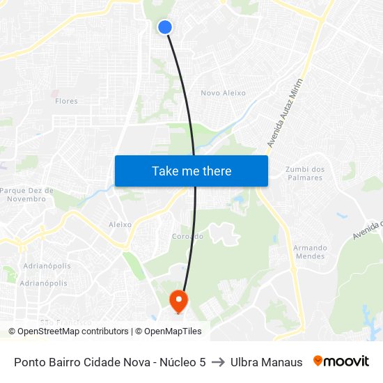 Ponto Bairro Cidade Nova - Núcleo 5 to Ulbra Manaus map