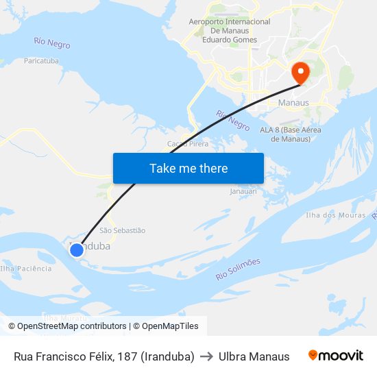 Rua Francisco Félix, 187 (Iranduba) to Ulbra Manaus map