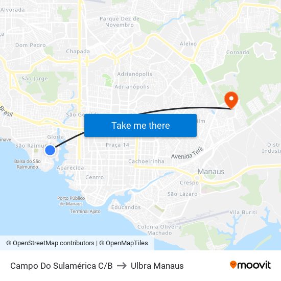 Campo Do Sulamérica C/B to Ulbra Manaus map