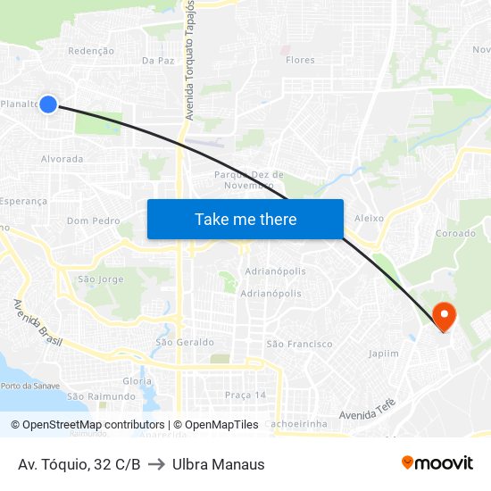 Av. Tóquio, 32 C/B to Ulbra Manaus map