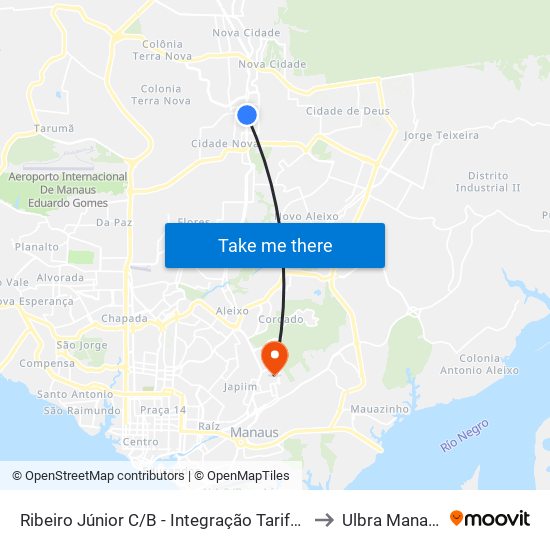 Ribeiro Júnior C/B - Integração Tarifada to Ulbra Manaus map