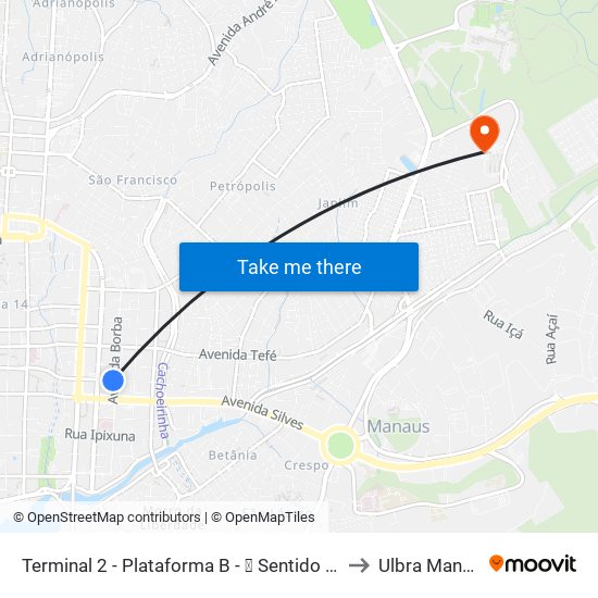 Terminal 2 - Plataforma B - ➏ Sentido Bairro to Ulbra Manaus map