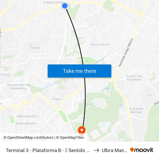 Terminal 3 - Plataforma B - ⓭ Sentido Diversos to Ulbra Manaus map