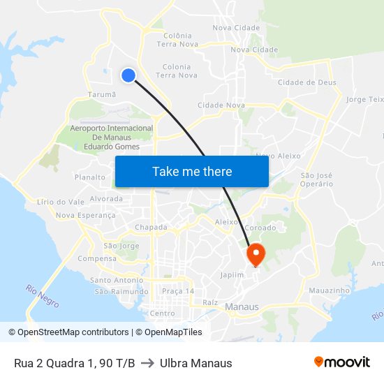 Rua 2 Quadra 1, 90 T/B to Ulbra Manaus map