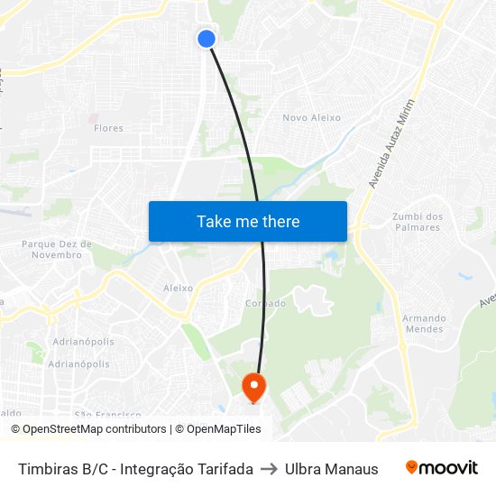 Timbiras B/C - Integração Tarifada to Ulbra Manaus map