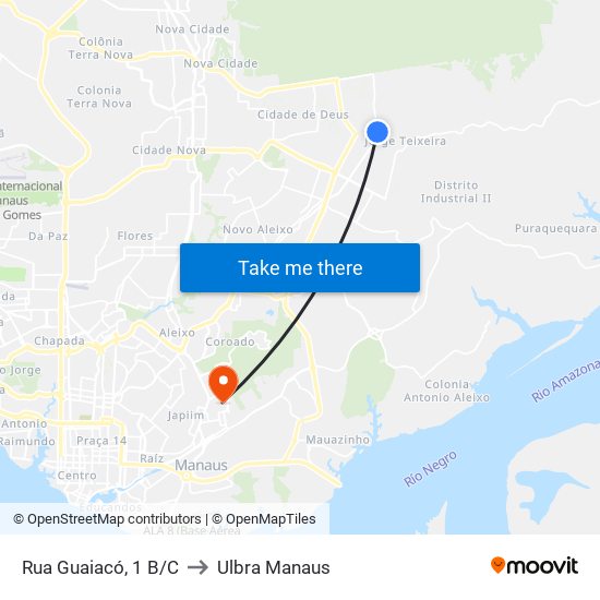 Rua Guaiacó, 1 B/C to Ulbra Manaus map