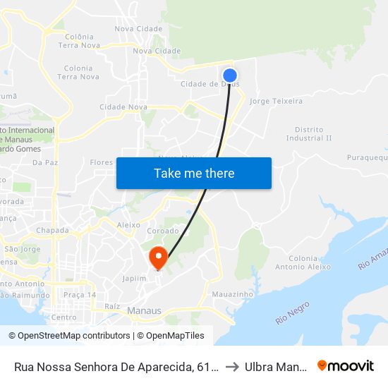 Rua Nossa Senhora De Aparecida, 616 B/T to Ulbra Manaus map