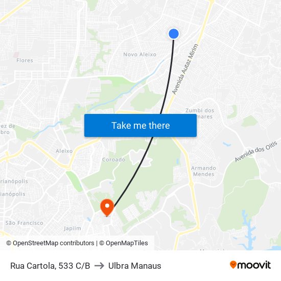 Rua Cartola, 533 C/B to Ulbra Manaus map