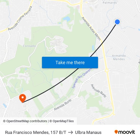 Rua Francisco Mendes, 157 B/T to Ulbra Manaus map