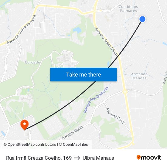 Rua Irmã Creuza Coelho, 169 to Ulbra Manaus map