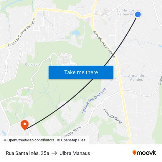 Rua Santa Inês, 25a to Ulbra Manaus map