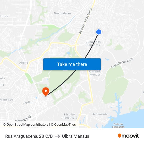 Rua Araguacena, 28 C/B to Ulbra Manaus map