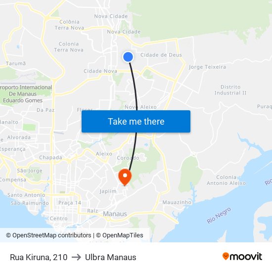 Rua Kiruna, 210 to Ulbra Manaus map