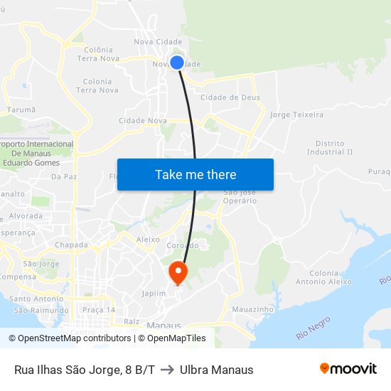 Rua Ilhas São Jorge, 8 B/T to Ulbra Manaus map