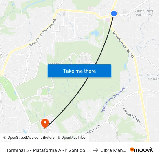 Terminal 5 - Plataforma A - ➎ Sentido Bairro to Ulbra Manaus map