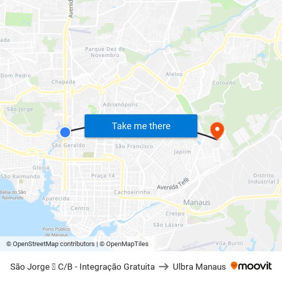 São Jorge ➌ C/B - Integração Gratuita to Ulbra Manaus map