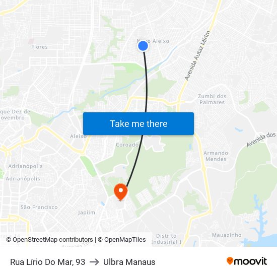 Rua Lírio Do Mar, 93 to Ulbra Manaus map