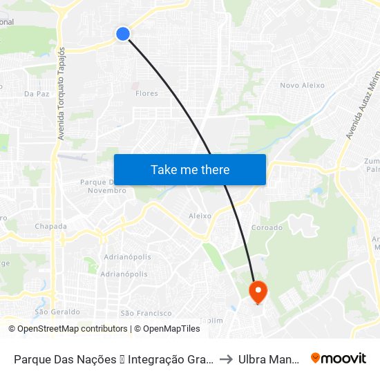 Parque Das Nações ➏ Integração Gratuita to Ulbra Manaus map