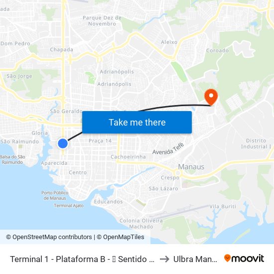 Terminal 1 - Plataforma B - ➒ Sentido Bairro to Ulbra Manaus map