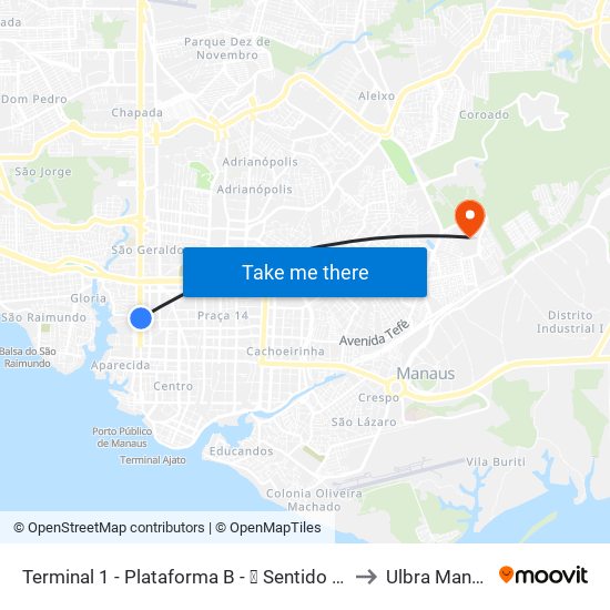 Terminal 1 - Plataforma B - ⓯ Sentido Bairro to Ulbra Manaus map