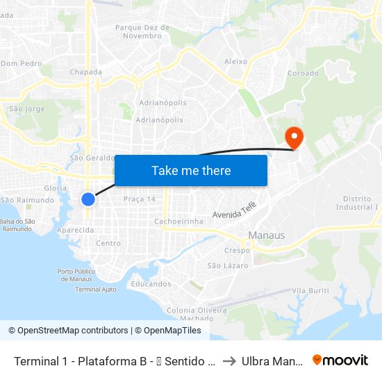 Terminal 1 - Plataforma B - ⓰ Sentido Bairro to Ulbra Manaus map
