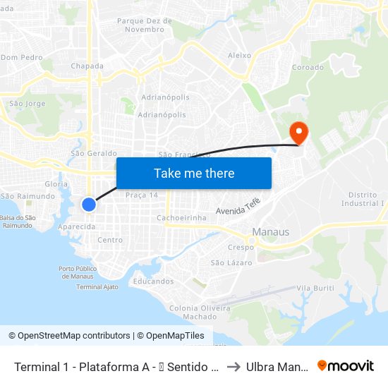Terminal 1 - Plataforma A - ➎ Sentido Centro to Ulbra Manaus map