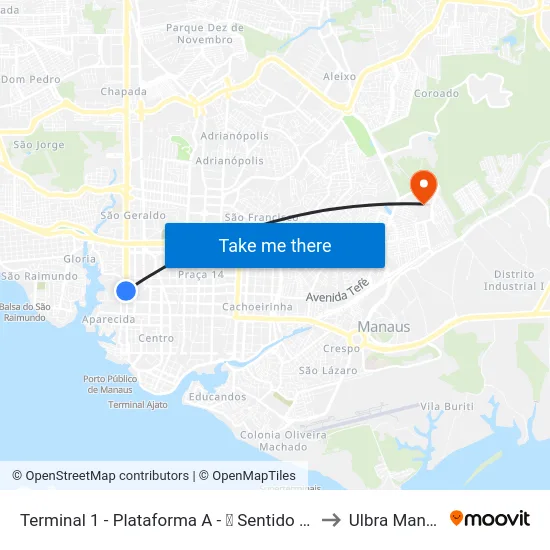 Terminal 1 - Plataforma A - ➐ Sentido Centro to Ulbra Manaus map