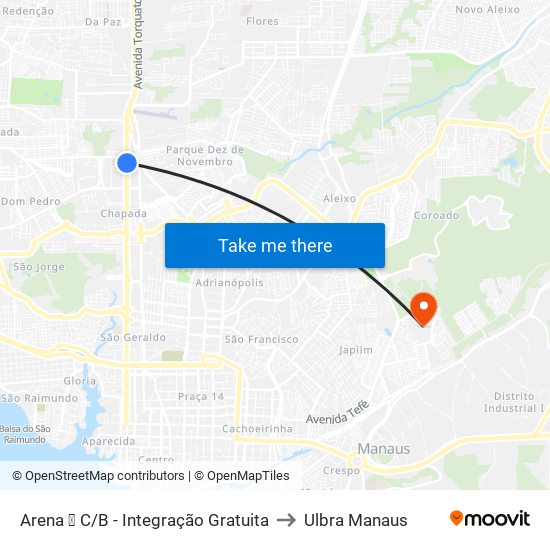 Arena ➐ C/B - Integração Gratuita to Ulbra Manaus map