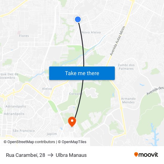 Rua Carambeí, 28 to Ulbra Manaus map
