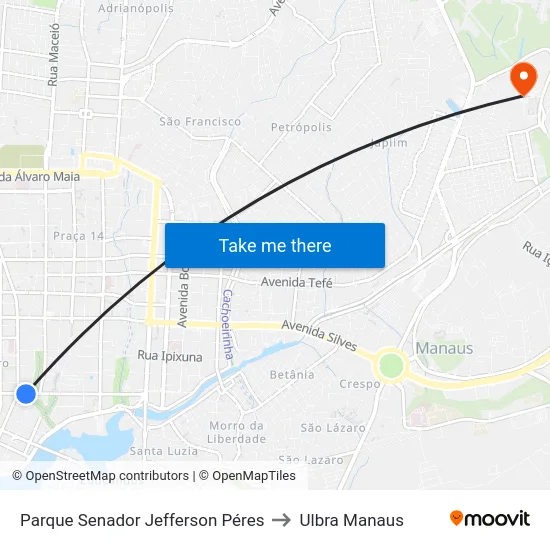 Parque Senador Jefferson Péres to Ulbra Manaus map