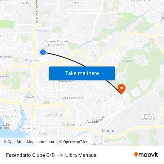 Fazendário Clube C/B to Ulbra Manaus map