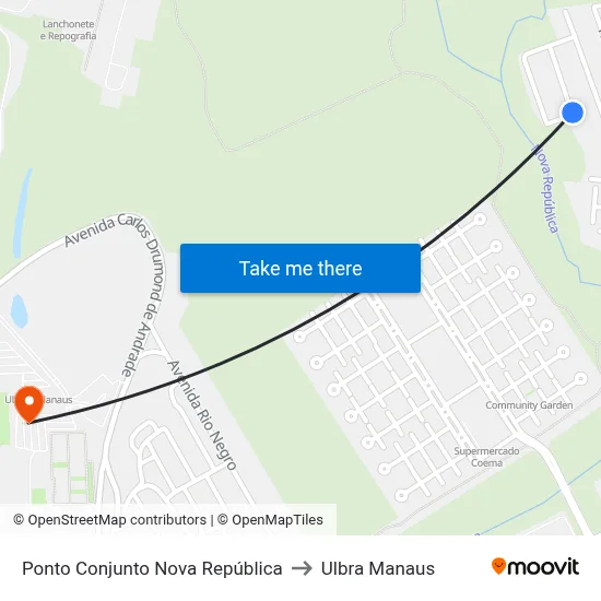 Ponto Conjunto Nova República to Ulbra Manaus map