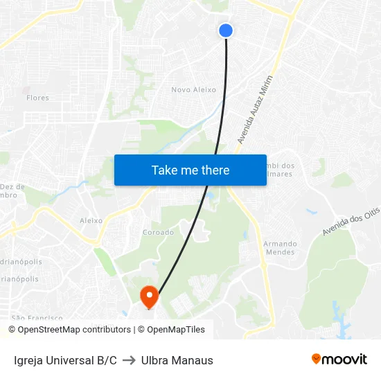 Igreja Universal B/C to Ulbra Manaus map