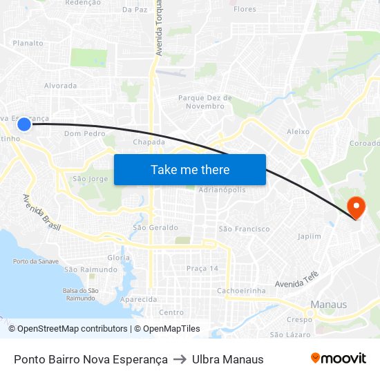 Ponto Bairro Nova Esperança to Ulbra Manaus map