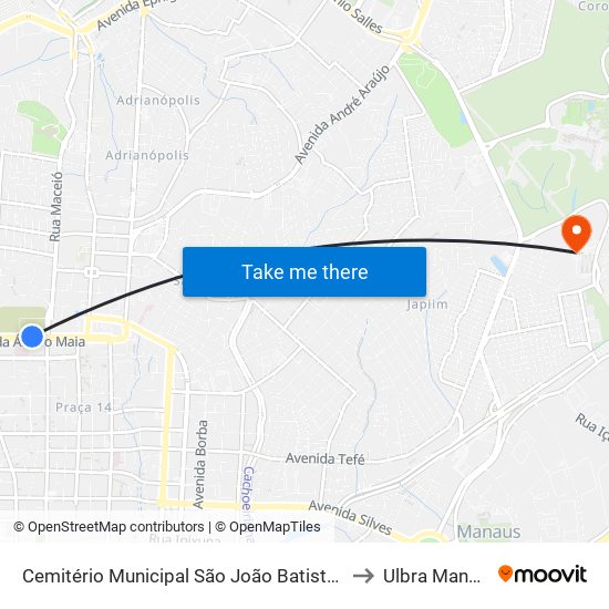 Cemitério Municipal São João Batista B/C to Ulbra Manaus map