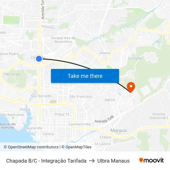 Chapada B/C - Integração Tarifada to Ulbra Manaus map