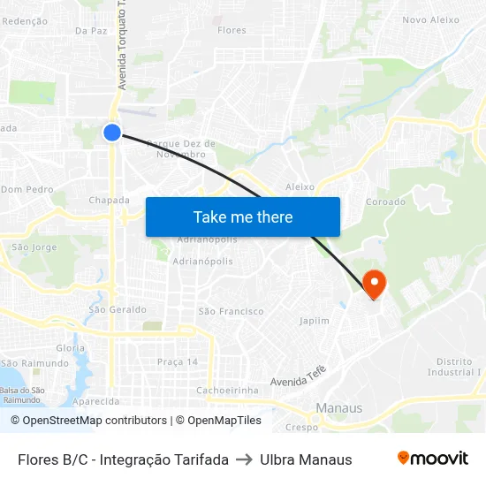 Flores B/C - Integração Tarifada to Ulbra Manaus map