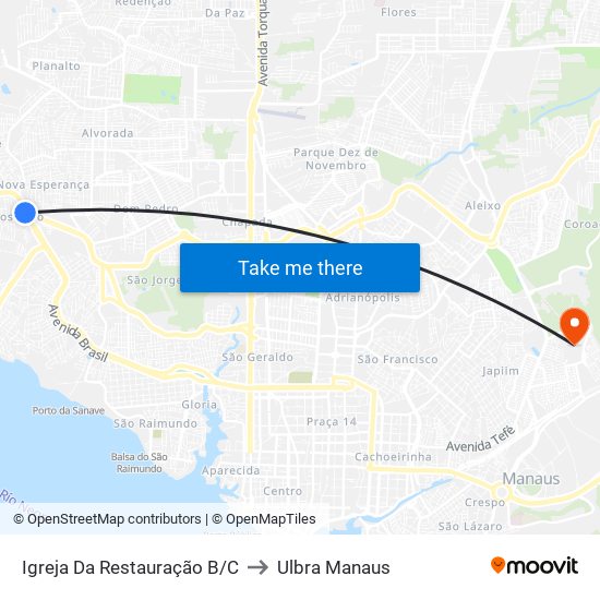 Igreja Da Restauração B/C to Ulbra Manaus map