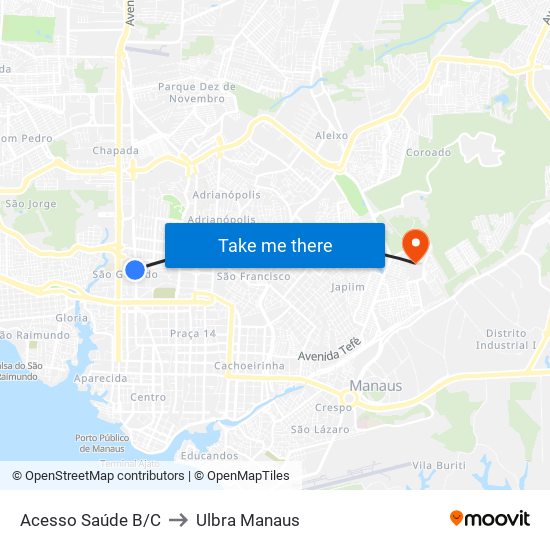 Acesso Saúde B/C to Ulbra Manaus map