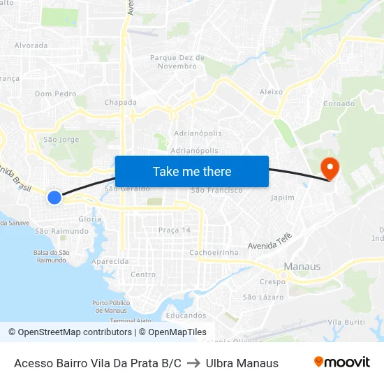 Acesso Bairro Vila Da Prata B/C to Ulbra Manaus map