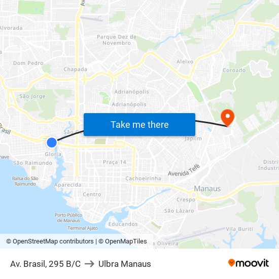 Av. Brasil, 295 B/C to Ulbra Manaus map